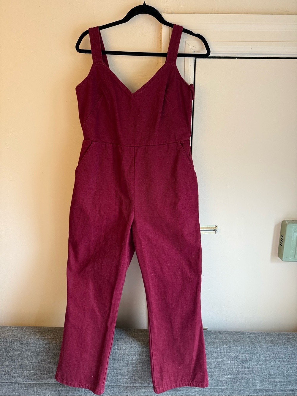ASOS Wine Red V-Neck Denim Jumpsuit